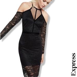 Express Black Lace Cold Shoulder Quarter Length  Dress